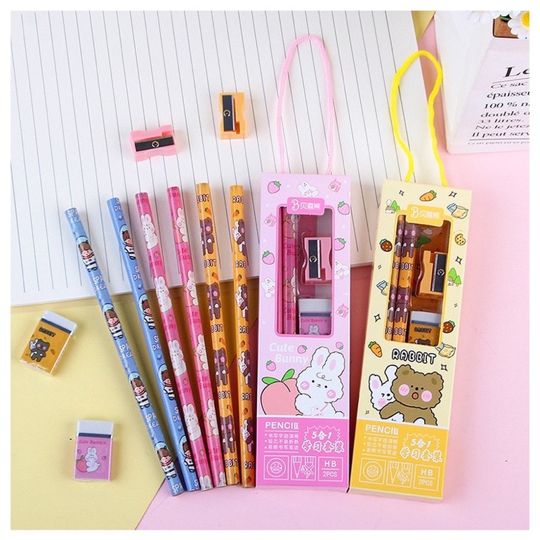Set 5 Món Dụng Cụ Học Tập Trong Hộp Có Quai Xách Dễ Thương KidPlaza(2bút chì,tẩy,thước kẻ,gọt)