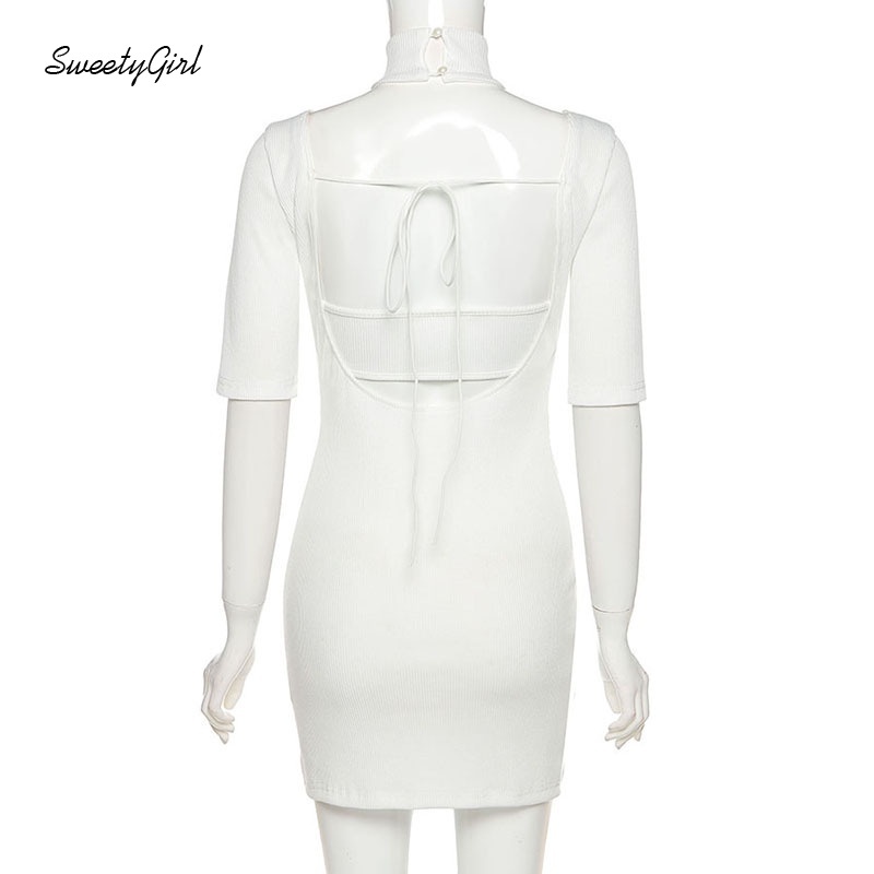 Đầm Ôm Tay Ngắn Cổ Cao Hở Lưng Màu Sắc Trơn Quyến Rũ Dành Cho Nữ