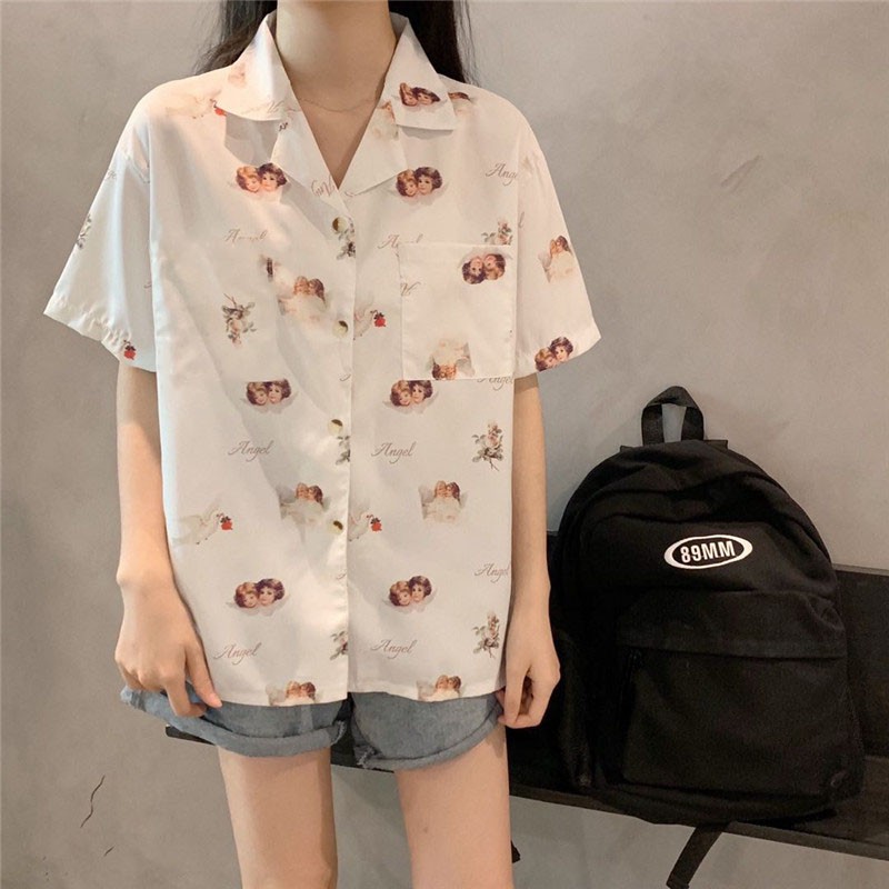 LEEVA - Áo sơ mi họa tiết Angel mùa hè thoáng mát: Angel đen