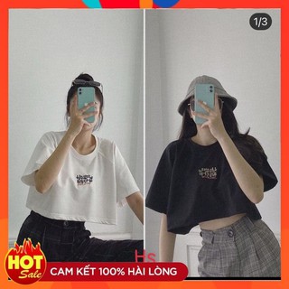 Áo thun nữ croptop | áo tay lỡ cotton thêu chữ hàn