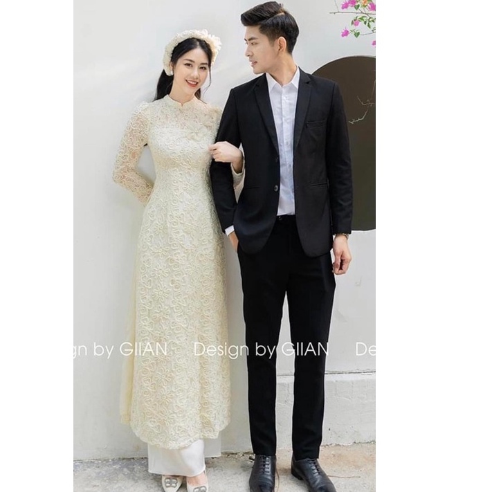 Áo Dài Ren Sừng 4 Tà Cao Cấp , Áo Dài Truyền Thống Vai Bồng May Sẵn