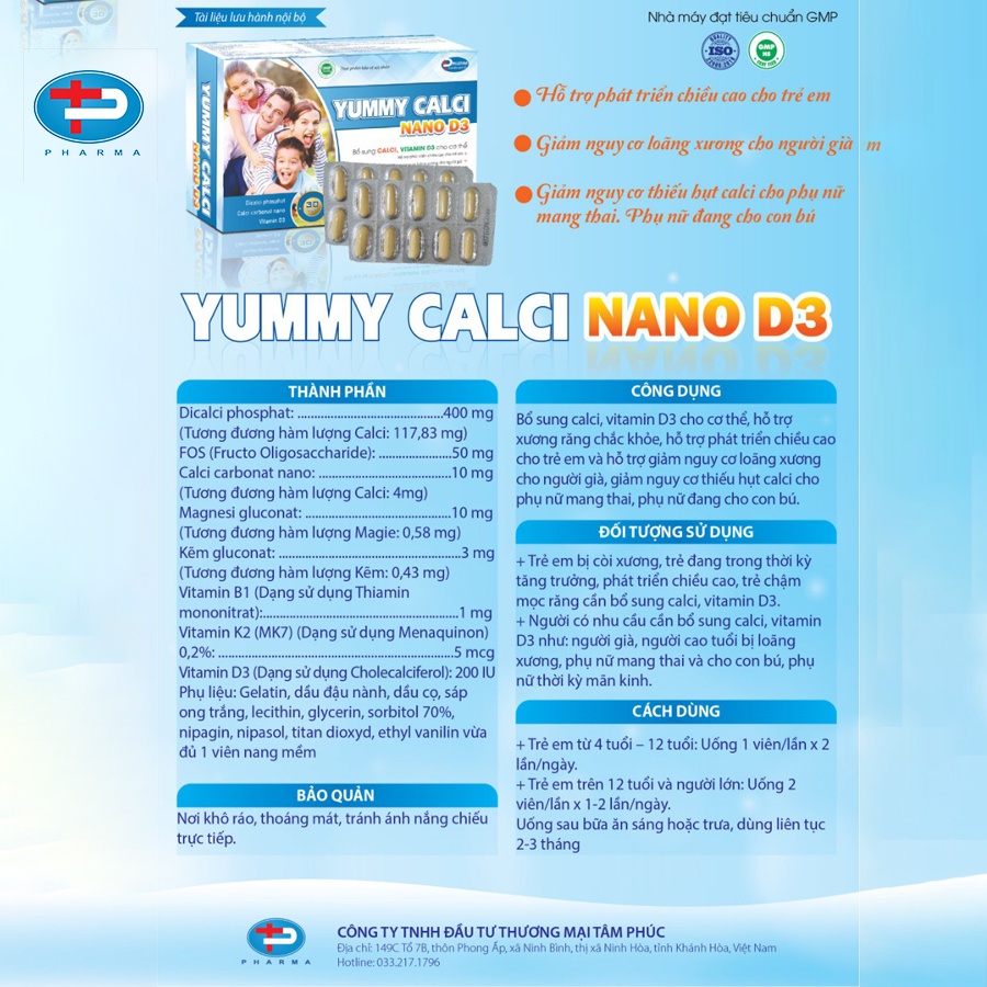 Viên Uống Tăng Chiều Cao Yummy Calci Nano D3 TÂM PHÚC PHARMA Bổ Sung Calci, Vitamin D3 Giúp Phát Triển Chiều Cao