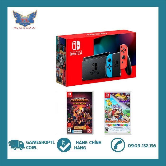 Máy Game Nintendo Switch V2 Neon Kèm Game Minecraft Dungeons + Paper Mario: Origami Kin