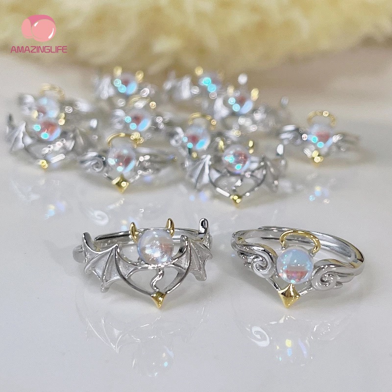 [Amazinglife] Nhẫn Cặp Đôi Đính Đá Mặt Trăng / Nhẫn Mở Điều Chỉnh Được Lãng Mạn Thời Trang Đám Cưới Cầu Hôn Nam Và