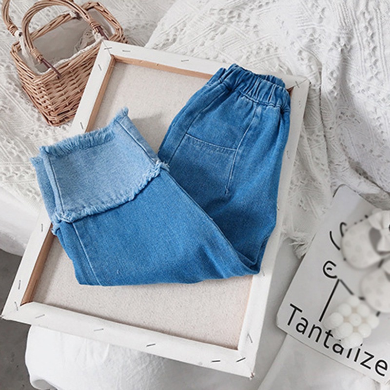 Quần Jeans Ống Rộng Lưng Thun Mềm Thời Trang Hàn Quốc Cho Bé Gái