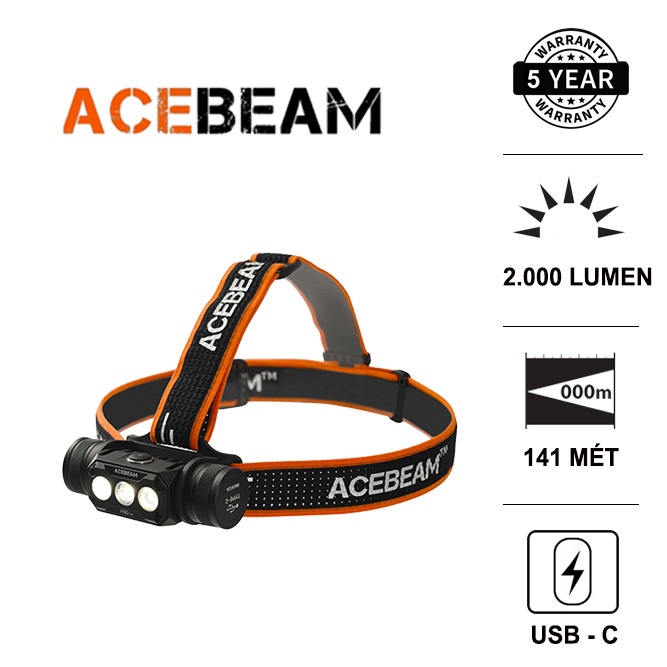 Đèn pin đội đầu ACEBEAM H50 V2.0 sáng 2000 lumen chiếu xa 141 mét LED Luminus SST-20 sạc USB C kèm pin