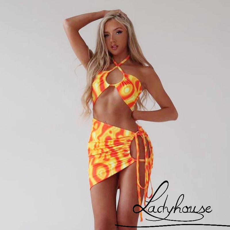 Đầm Midi Ôm Dáng Hở Vai Cổ Yếm Phối Màu Nhuộm Cho Nữ