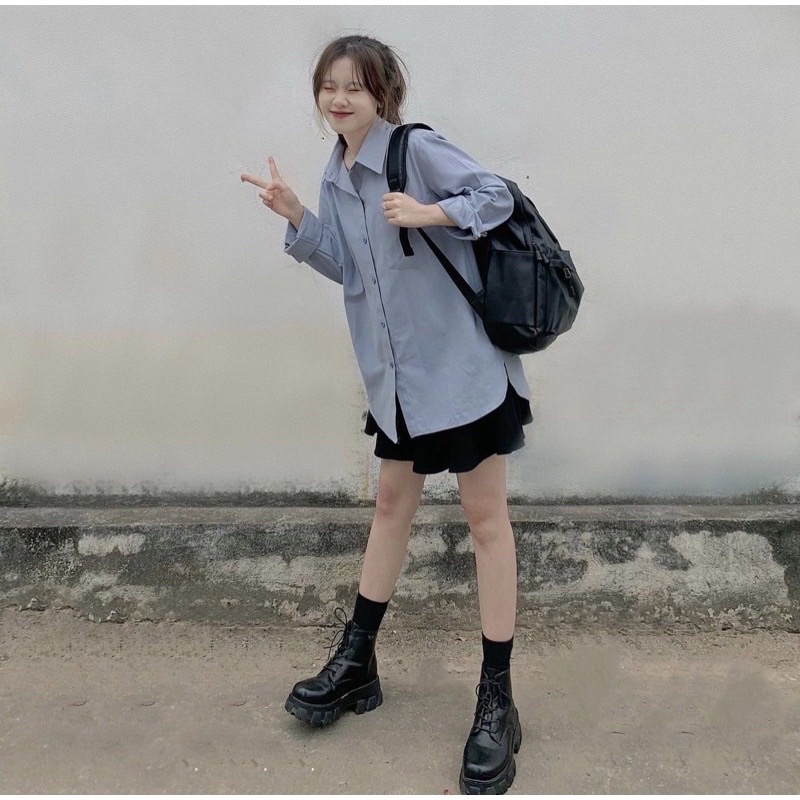 Áo sơ mi dài tay nữ túi ngực from rộng chất lụa hàn đủ màu, Sơ mi đi học phong cách ulzzang