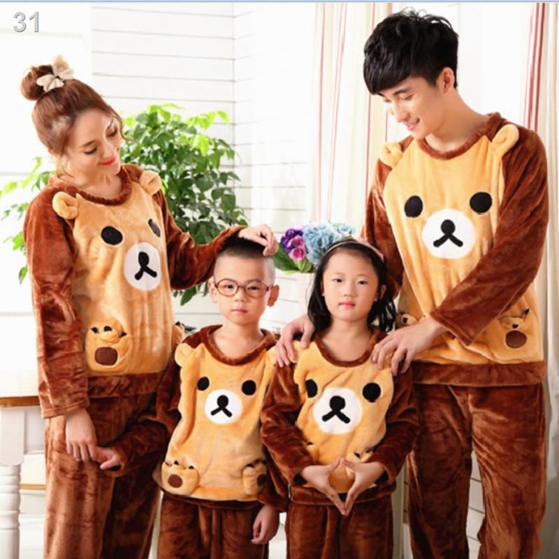 ✶Bộ đồ ngủ mùa thu và đông cha mẹ trẻ em flannel gia đình ba cậu con trai lớn lông cừu dày san hô gái dịch vụ tại nhà