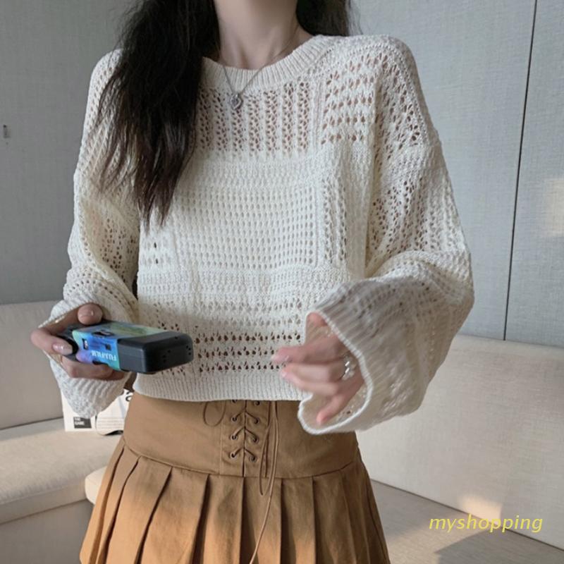 Áo Crop Top Dệt Kim Tay Dài Cổ Tròn Dáng Ôm Khoét Rỗng Thanh Lịch