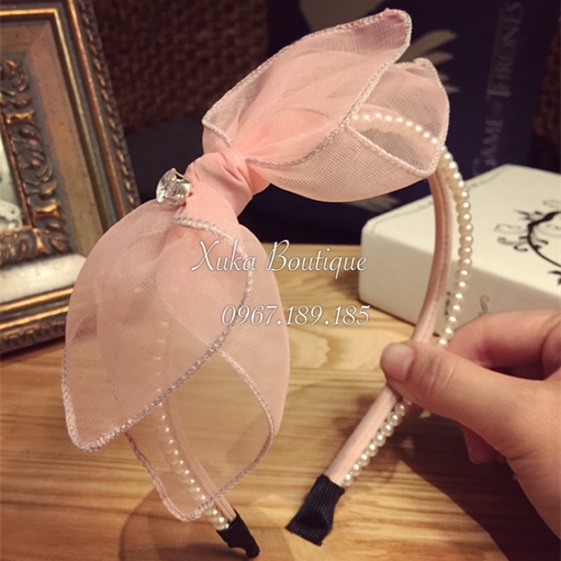 Băng Đô Bờm Cài Tóc Đính Đá Hạt Ngọc Có Nơ Phong Cách Hàn Quốc Phái Nữ