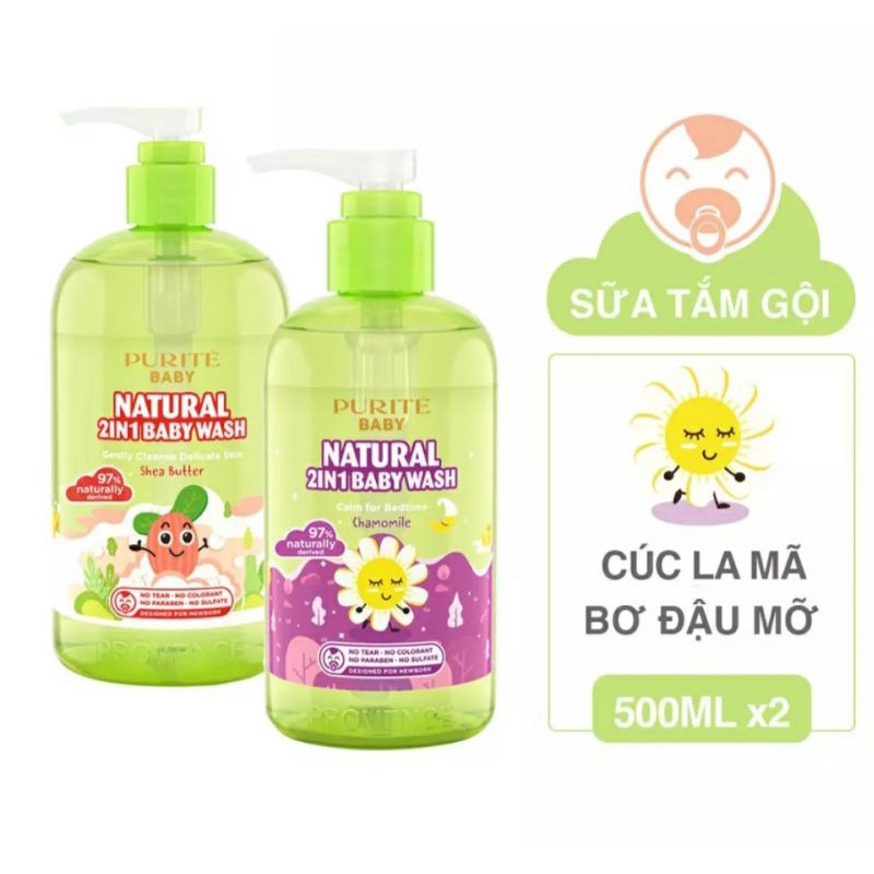 Sữa tắm gội Purite Baby bơ đậu mỡ 500ml ,  cúc la mã 500ml