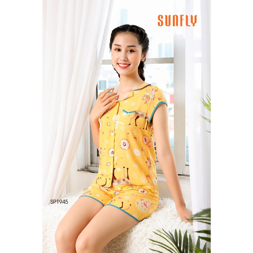 Bộ đồ nữ mặc nhà pijamas lanh SUNFLY áo cộc tay, quần sooc SP1945