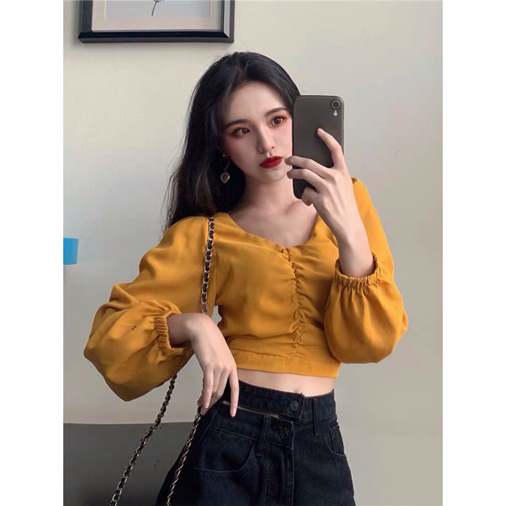 Áo kiểu nữ tay dài croptop nhúng ngực gb