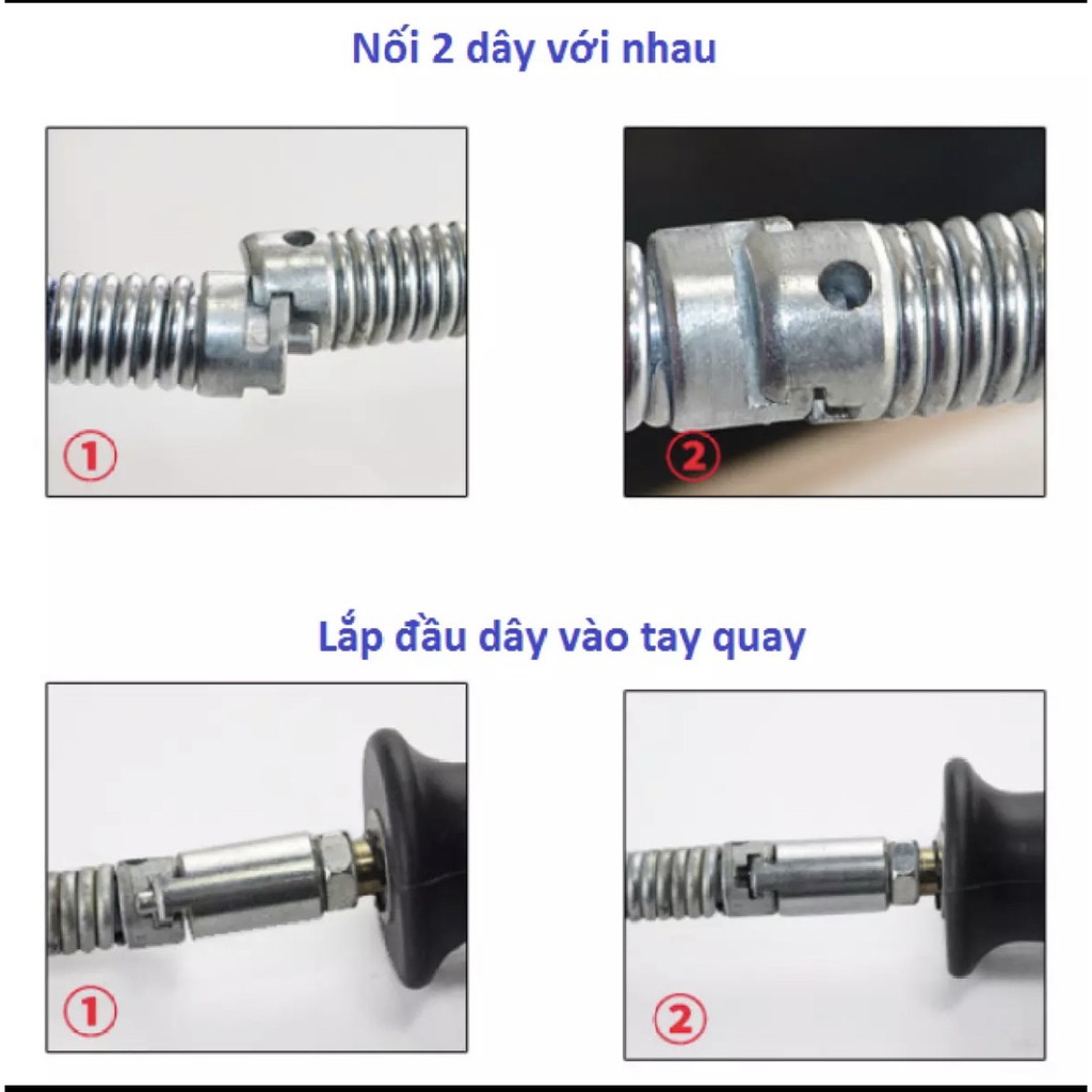 bộ dây thông tắc cống, đường ống, bôn cầu, bồn rửa( gồm 9m dây lò xo + tay quay + bộ đầu thông + đầu kết nối máy khoan )