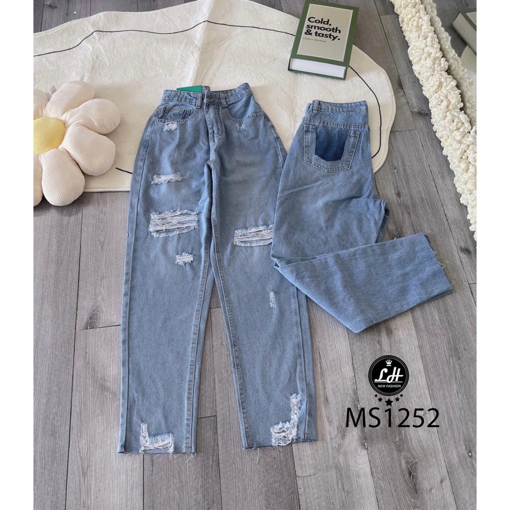 Quần bò baggy màu xanh khoét túi sau rách gối 2 bên xả lai cực chất  ảnh thật Lê Huy fashion Ms 1252