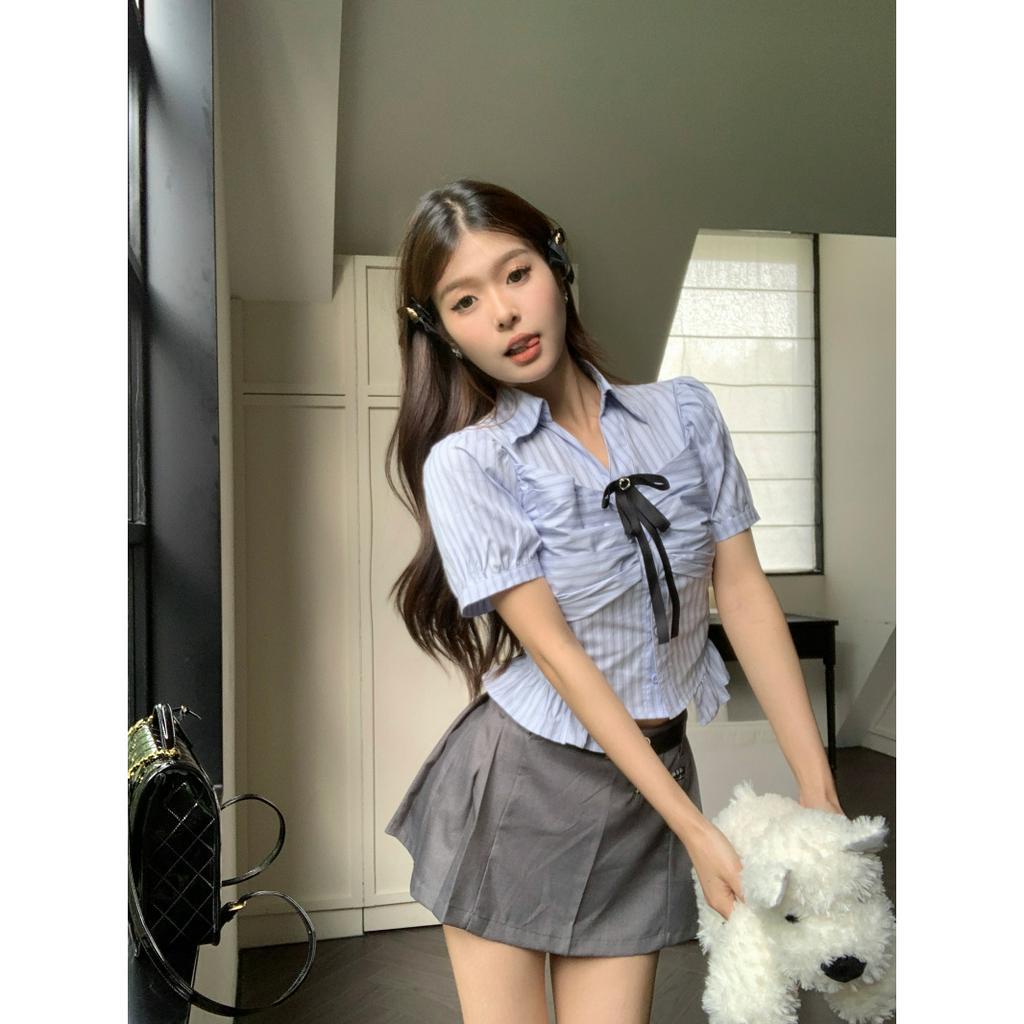 Bộ Áo Sơ Mi Thắt Nơ Eo + Chân Váy Xếp Ly Thời Trang Phong Cách Hàn Quốc Cho Nữ