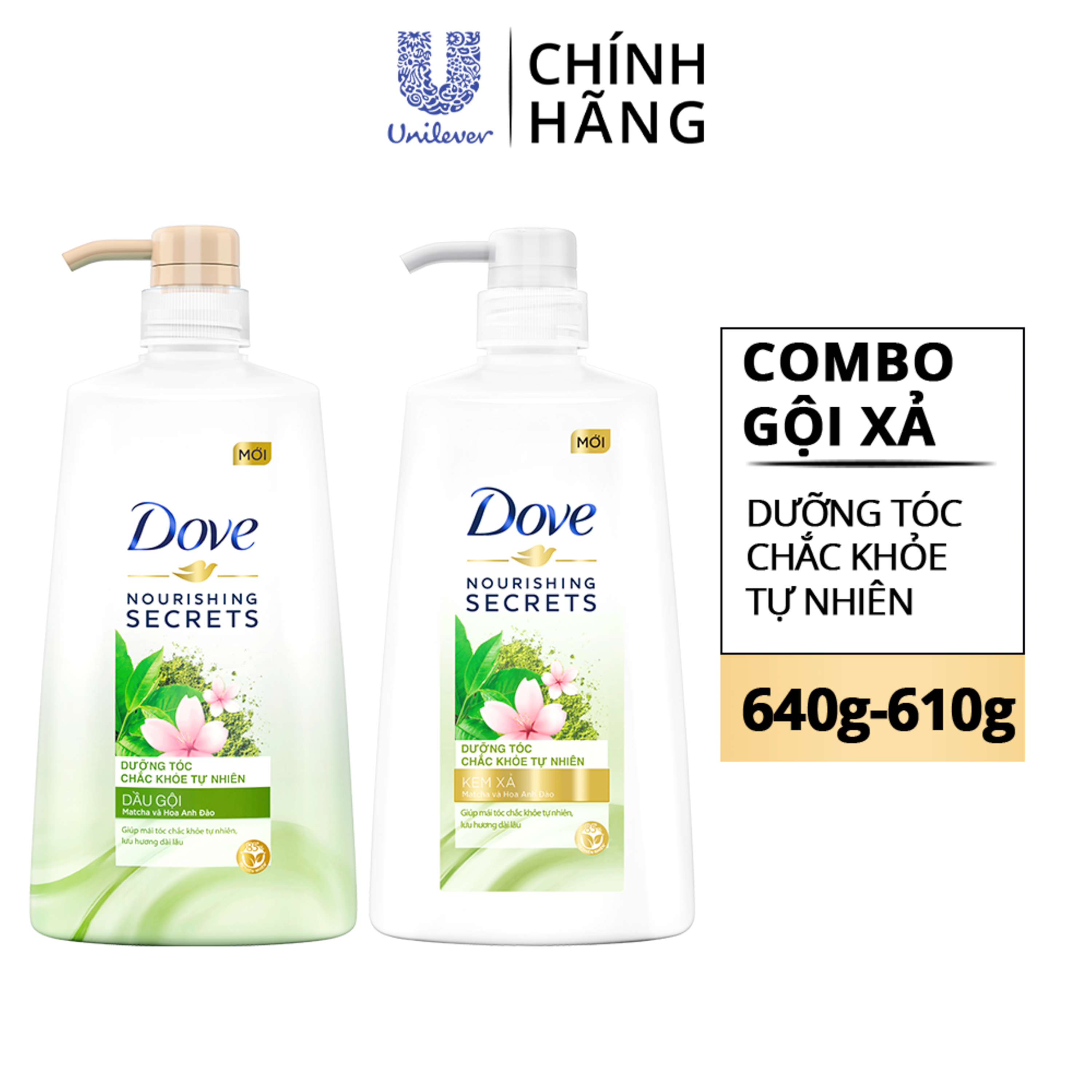 Combo gội xả Dove Matcha và Hoa Anh Đào - Dưỡng Tóc Chắc Khỏe Tự Nhiên 640gr, 610gr