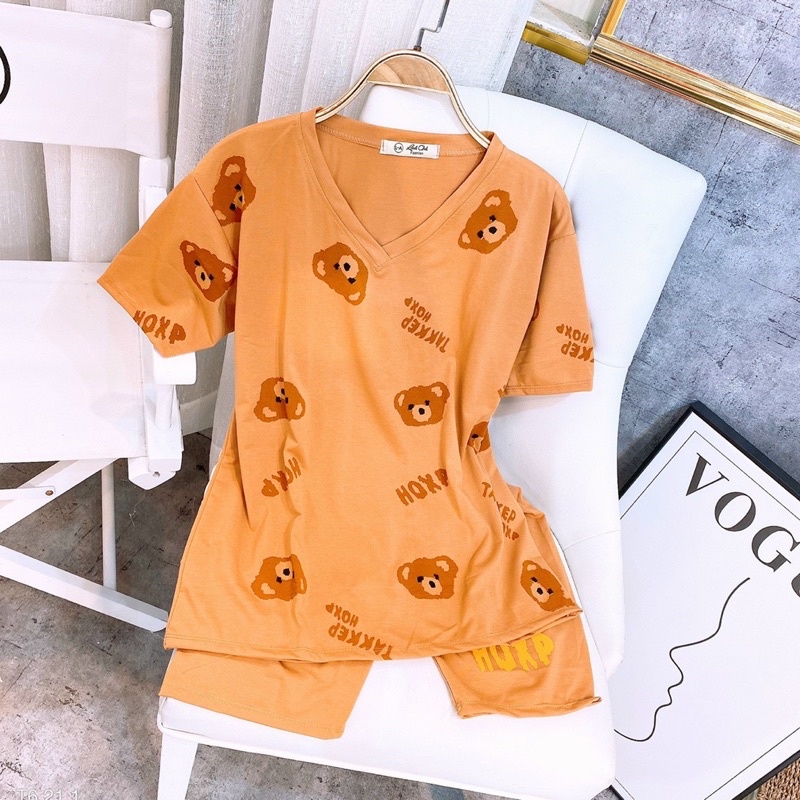 Sét áo thun in gấu cổ tim kèm quần ôm siêu hot