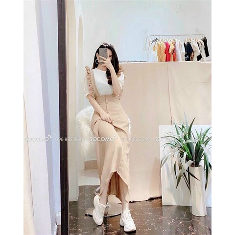 Đầm yếm nữ hở lưng thiết kế tinh tế, đầm dáng dài dự tiệc phối kèm thun set 2 món sang trọng phong cách dễ thương