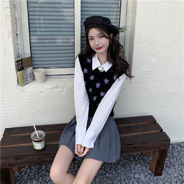 Áo Dệt Kim Sát Nách Dáng Rộng In Hoa Kiểu Vintage Hàn Quốc Xinh Xắn Cho Nữ