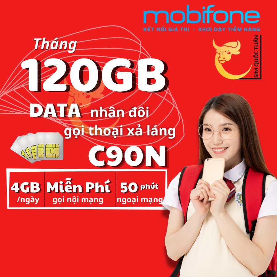 Sim 4G MobiFone gói cước C90N data khủng có 120 GB/tháng,1000 phút nội mạng, 50 phút liên mạng