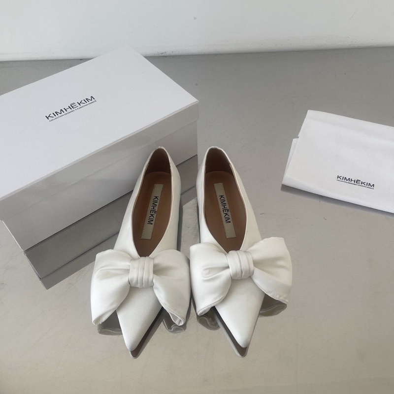 Giày búp bê mũi nhọn đính nơ bản to da thật cao cấp thương hiệu Kimhekim
