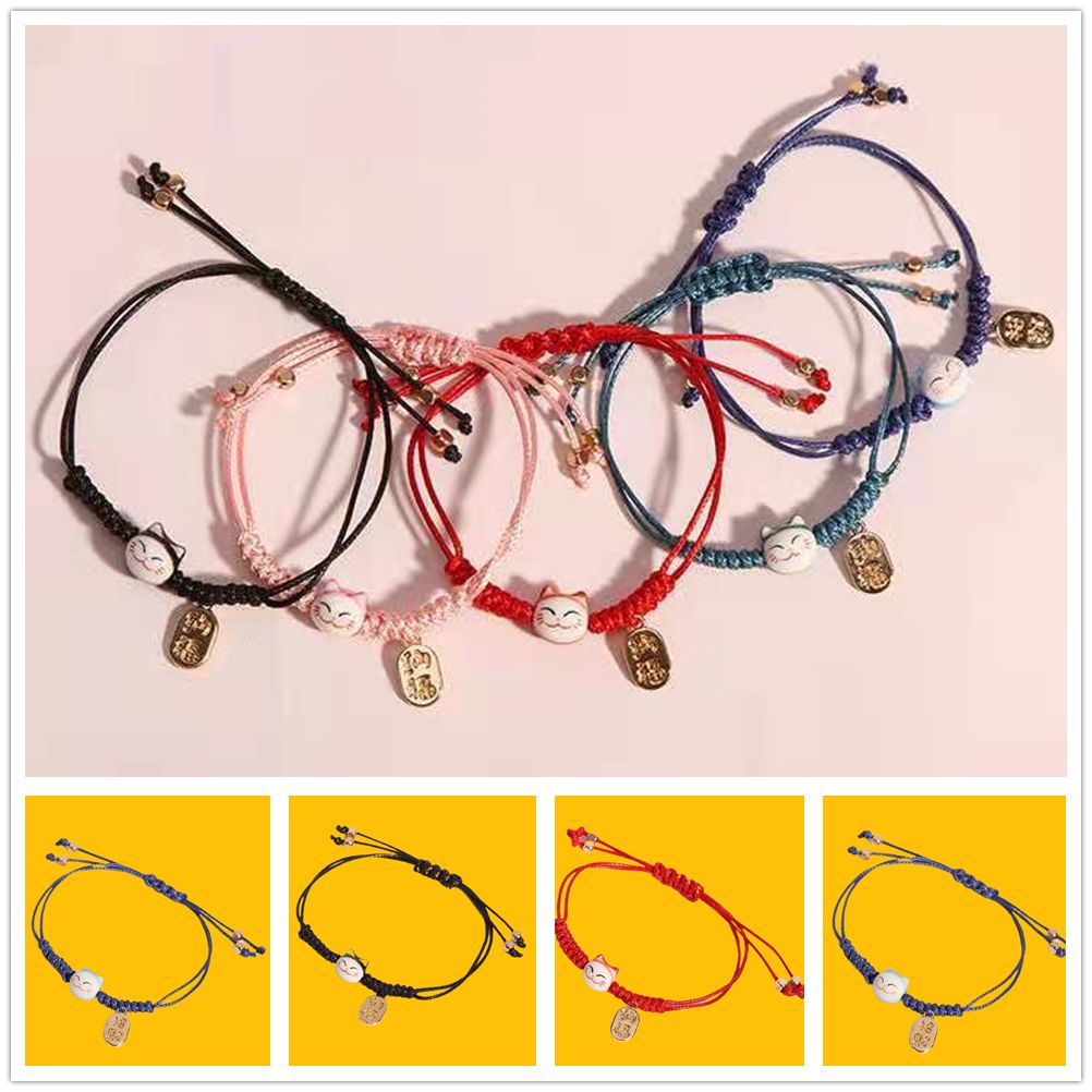 Vòng Tay Dây Bện Mặt Hình Mèo May Mắn Nhiều Màu Thời Trang Cho Nữ