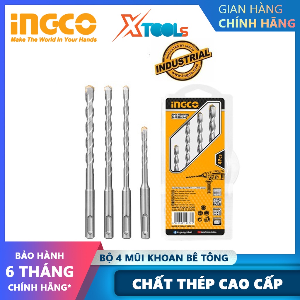 Bộ 4 mũi khoan bê tông đuôi gài INGCO AKDB2055 Bộ mũi khoan bê tông đuôi gài 4 chi tiết Kích thước: 6 * 110, 6 * 160, 8