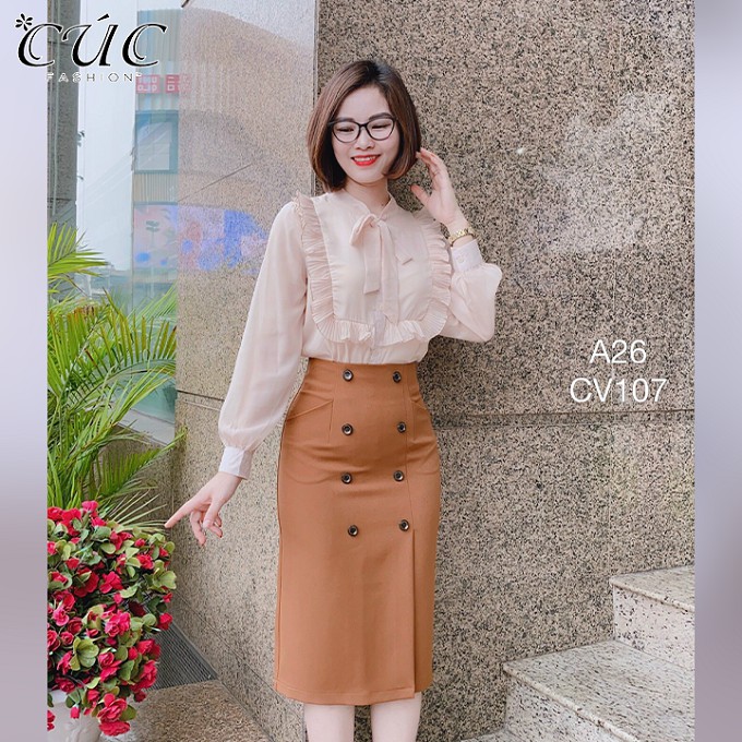 Áo sơ mi nữ công sở cao cấp thời trang thiết kế Cúc Fashion A26 somi cổ bèo dập vuông