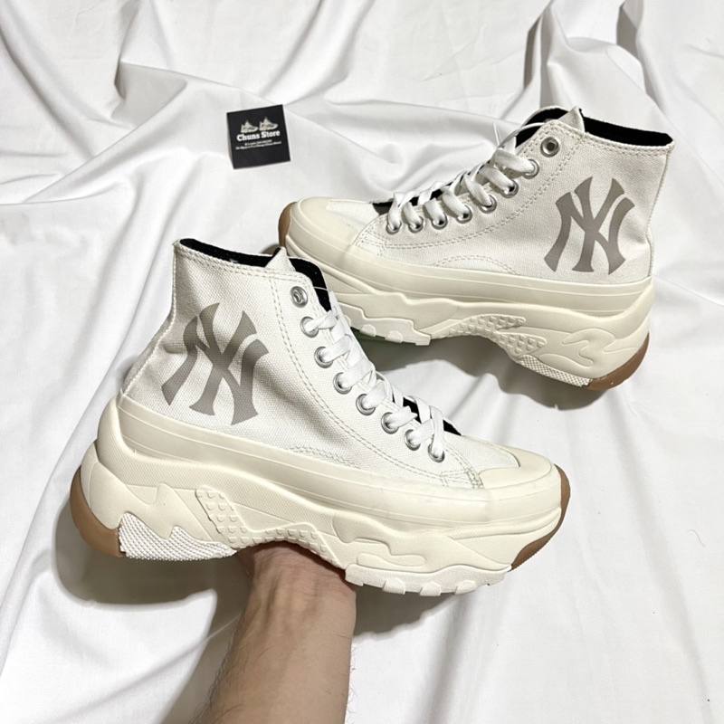 giày MLB Chunky trắng cao cổ đế mix nâu, giày ML B NY hight canvas trắng cao cấp mới