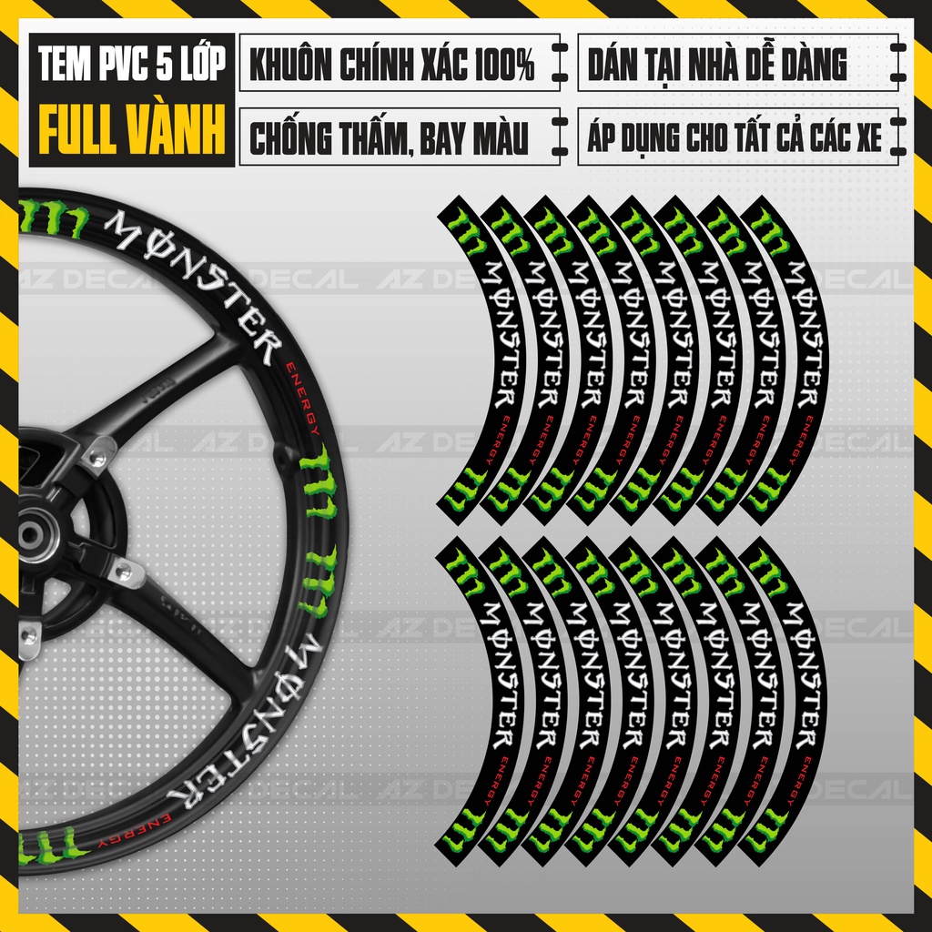 Tem Vành Monster Bản To Dán Xe Máy | FullV10 | Decal Dán Mâm Xe Cao Cấp, Chống Nước, Bền Màu