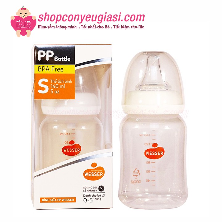 [Mẫu Mới] Bình Sữa Wesser PP Cổ Hẹp 140ml - Kèm Núm Ti Size S, 0-3m - Màu Ngẫu Nhiên