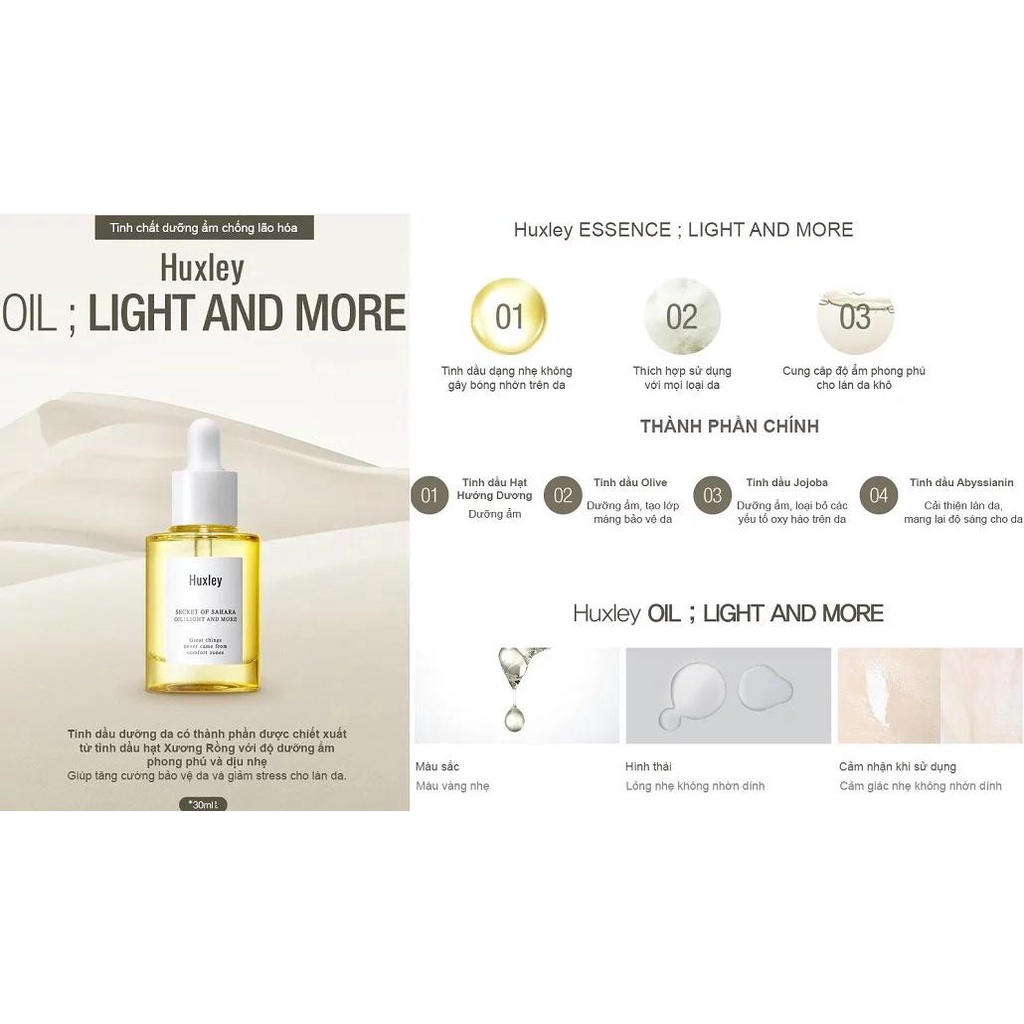 Tinh Chất Dưỡng Ẩm, Dưỡng Trắng, Chống Lão Hóa Chiết Xuất Xương Rồng Huxley Oil; Light And More 30ml