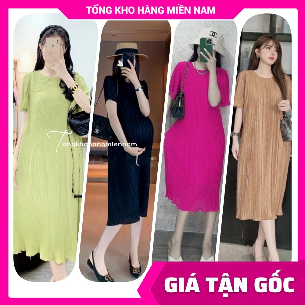 Đầm voan xếp li cổ tròn dáng suông ( Bầu bí bon chen thoải mái ) đầm bầu TP