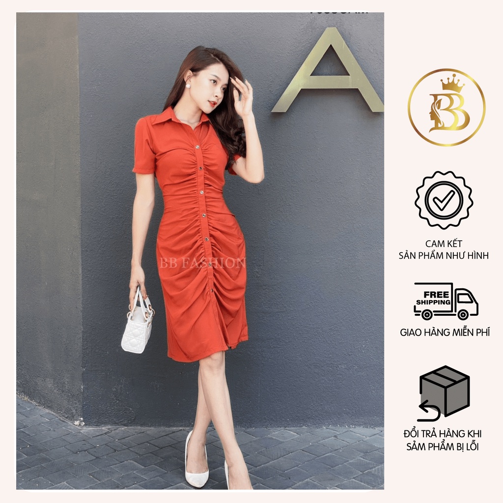 Váy sơ mi nữ cộc tay dáng dài nhún thân trước, Đầm sơmi nữ hàng thiết kế chất lụa 100D cao cấp V053 | BigBuy360 - bigbuy360.vn