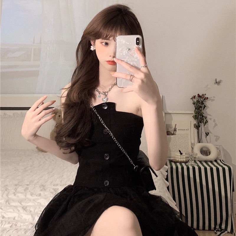 2021 mùa hè mới váy ngắn hai mảnh lưới không đều phụ nữ