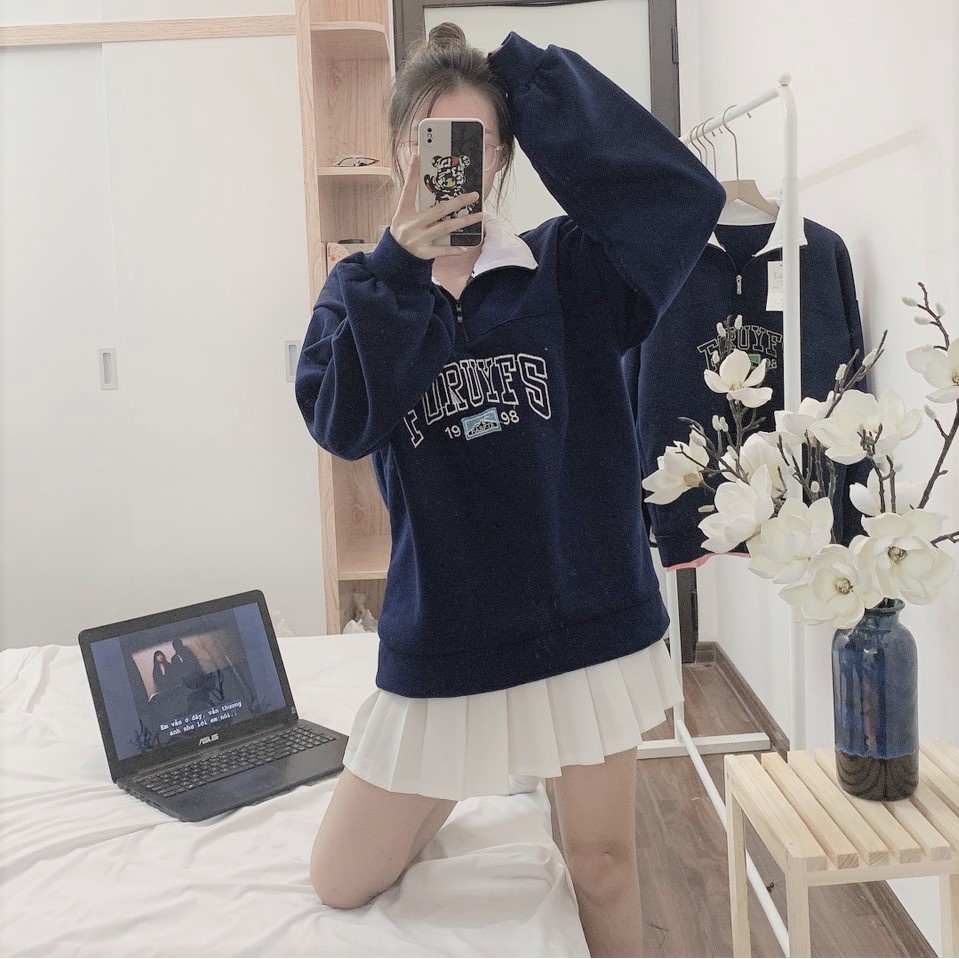 Áo khoác nữ ullzzang nỉ bông khóa cổ Bingshop vài dày đẹp freeship
