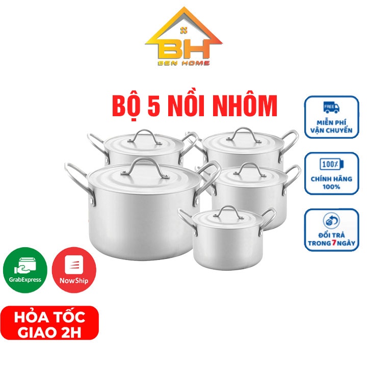 Bộ 5 nồi nhôm Tabi Home cao cấp( kích thước 16-24cm) dày dặn dùng cho bếp ga