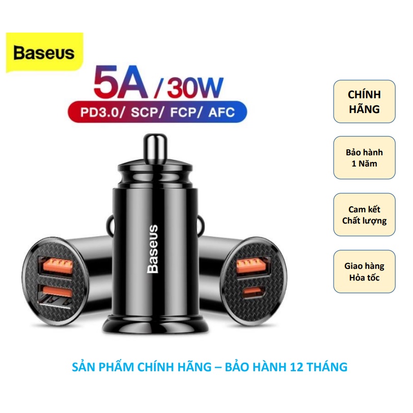 Tẩu sạc Nhanh 5A / 30W 2 cổng Trên Xe Hơi , ô tô Baseus cho Iphone , Samsung , Oppo , xiaomi