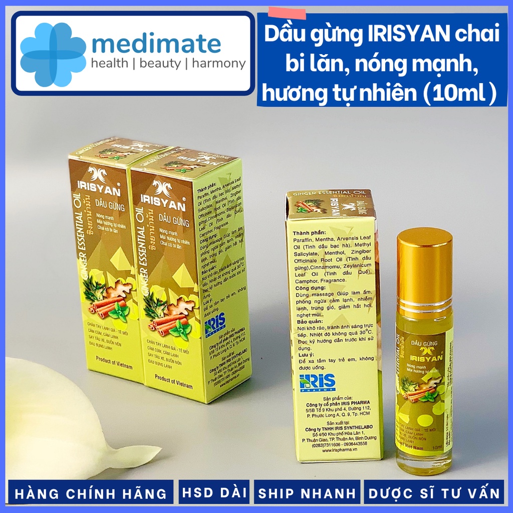 Dầu Gừng IRIS YAN chai bi lăn nóng mạnh, mùi thơm tự nhiên (chai 10ml)