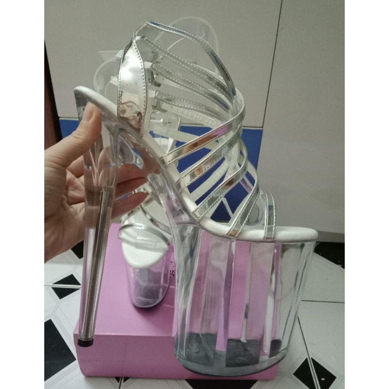 (20cm)Siêu Phẩm Cao Gót Nữ, Giày Catwalk, Đi Sự Kiện Màu Bạc Đế Trong Suốt