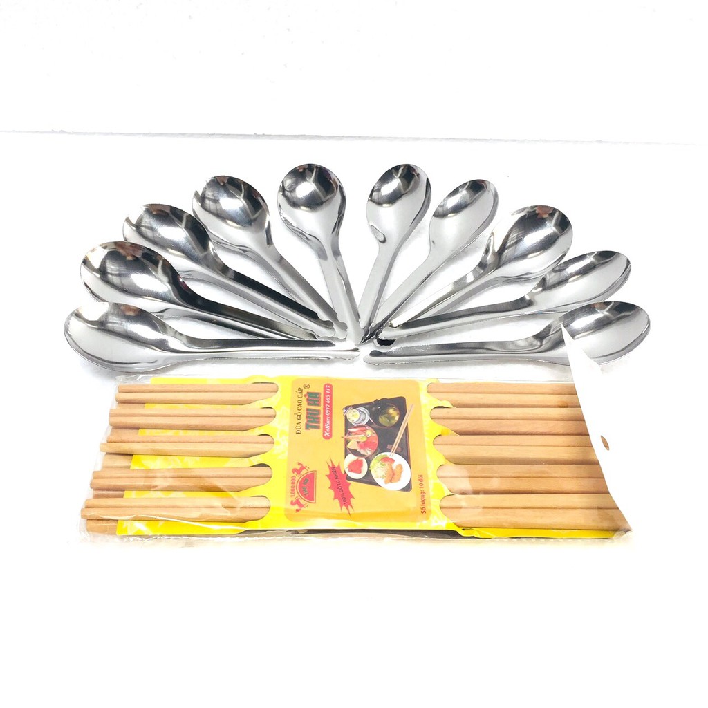 Combo 10 muỗng inox 10 đôi đũa gỗ cao cấp