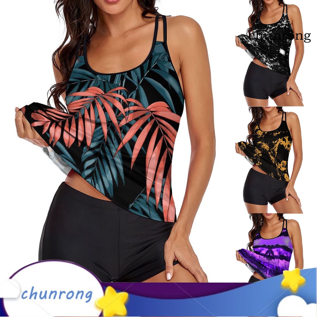 Bộ Đồ Bơi Áo Cổ Chữ U Không Tay Quần Short Lưng Cao In Họa Tiết Lá Dành Cho Nữ