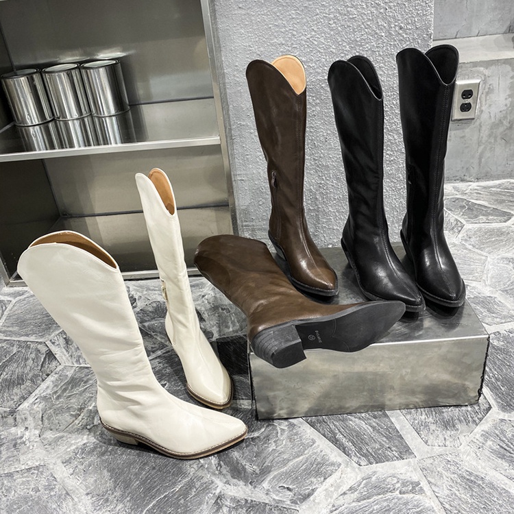 Ielgy Giày Bốt Cao Qua Gối Mũi Nhọn Gót Dày Màu Trắng Phong Cách Hàn Quốc Cổ Điển Thời Trang Cho Nữ