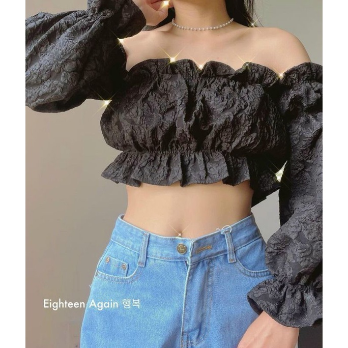 Áo croptop dài tay trễ vai siêu yêu, áo kiểu bẹt vai tay phồng LaCa Store A11-2