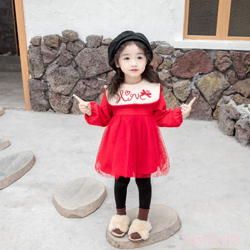 Đầm nhung phối lưới màu đỏ phong cách Hàn Quốc cho bé gái