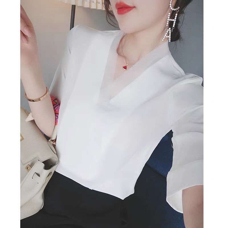 Áo Sơ Mi Chiffon Tay Lửng Cổ Chữ v Dáng Rộng Thời Trang Mùa Hè Cho Nữ K3AL