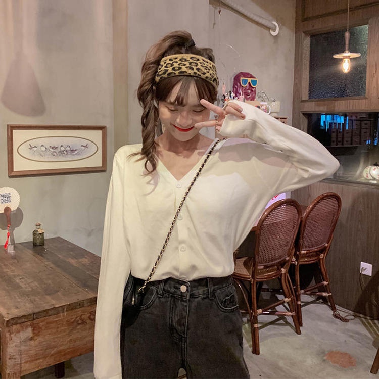 【ZHELIHANGFEI】Áo Cardigan Dệt Kim Tay Dài Cổ Chữ V Lưng Cao Quyến Rũ