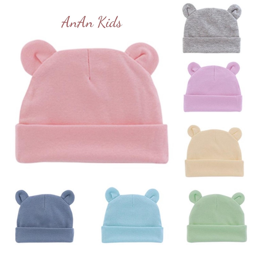 Mũ Cotton Sơ Sinh Tai Gấu Hàng Quảng Châu Siêu Xinh Cho Bé 0-6 Tháng